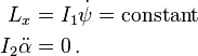 \begin{align}
L_{x} &=I_{1}\dot{\psi}=\mathrm{constant}\\
I_{2}\ddot{\alpha}&=0\,.\end{align}