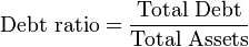 \mbox{Debt ratio} = \frac {\mbox{Total Debt}} {\mbox{Total Assets}}