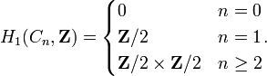 H_1(C_n, \mathbf{Z}) = \begin{cases} 0 & n = 0\\
\mathbf{Z}/2 & n = 1\\
\mathbf{Z}/2 \times \mathbf{Z}/2 & n \geq 2 \end{cases}.