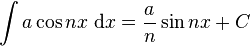 \int a\cos nx\;\mathrm{d}x = \frac{a}{n}\sin nx+C