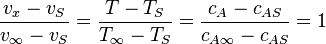  {v_x - v_S \over v_\infty - v_S} = {T - T_S \over T_\infty - T_S} = {c_A - c_{AS} \over c_{A\infty} - c_{AS}} = 1