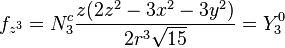 f_{z^3} = N_3^c \frac{z (2 z^2 - 3 x^2 - 3 y^2)}{2 r^3 \sqrt{15}} = Y_3^0