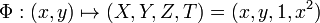 \Phi: (x,y) \mapsto (X,Y,Z,T) = (x,y,1,x^2) 