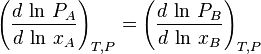  \left ( \frac{d\,\ln\,P_A}{d\,\ln\,x_A} \right )_{T,P} = \left ( \frac{d\,\ln\,P_B}{d\,\ln\,x_B} \right )_{T,P} 