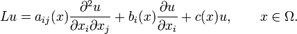  Lu = a_{ij}(x)\frac{\partial^2 u}{\partial x_i \partial x_j} + b_i(x) \frac{\partial u}{\partial x_i} + c(x)u, \qquad x \in \Omega.