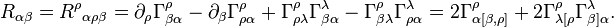 
R_{\alpha\beta} = {R^\rho}_{\alpha\rho\beta} =
\partial_{\rho}{\Gamma^\rho_{\beta\alpha}} - \partial_{\beta}\Gamma^\rho_{\rho\alpha}
+ \Gamma^\rho_{\rho\lambda} \Gamma^\lambda_{\beta\alpha}
- \Gamma^\rho_{\beta\lambda}\Gamma^\lambda_{\rho\alpha}
=2 \Gamma^{\rho}_{{\alpha[\beta,\rho]}} +
2 \Gamma^\rho_{\lambda [\rho} \Gamma^\lambda_{\beta]\alpha}
.