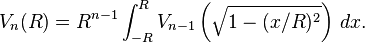 V_n(R) = R^{n-1} \int_{-R}^R V_{n-1}\left(\sqrt{1 - (x/R)^2}\right) \,dx.