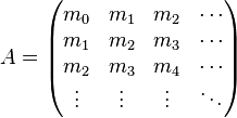 
A =
\left(\begin{matrix}
m_0 & m_1 & m_2 & \cdots     \\
m_1 & m_2 & m_3 & \cdots  \\
m_2 & m_3 & m_4 & \cdots  \\
\vdots & \vdots & \vdots & \ddots  \\
\end{matrix}\right)