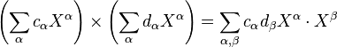 \left(\sum_\alpha c_\alpha X^\alpha\right)\times\left(\sum_\alpha d_\alpha X^\alpha\right)=\sum_{\alpha,\beta} c_\alpha d_\beta X^{\alpha} \cdot X^{\beta}