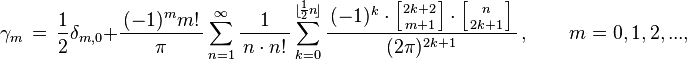 
\gamma_m\,=\,\frac{1}{2}\delta_{m,0}+
\frac{\,(-1)^m m!\,}{\pi} \sum_{n=1}^\infty\frac{1}{\,n\cdot n!\,} 
\sum_{k=0}^{\lfloor\!\frac{1}{2}n\!\rfloor}\frac{\,(-1)^{k}\cdot\left[{2k+2\atop m+1}\right] \cdot\left[{n\atop 2k+1}\right]\,}
{\,(2\pi)^{2k+1}\,}\,,\qquad m=0,1,2,...,
