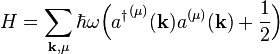 
H = \sum_{\mathbf{k},\mu} \hbar \omega \Big({a^\dagger}^{(\mu)}(\mathbf{k})a^{(\mu)}(\mathbf{k}) + \frac{1}{2}\Big)
