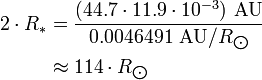 \begin{align} 2\cdot R_*
 & = \frac{(44.7\cdot 11.9\cdot 10^{-3})\ \text{AU}}{0.0046491\ \text{AU}/R_{\bigodot}} \\
 & \approx 114\cdot R_{\bigodot}
\end{align}