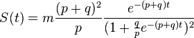 \ S(t)=m{ \frac{(p+q)^2}{p}} \frac{e^{-(p+q)t}}{(1+\frac{q}{p}e^{-(p+q)t})^2} 