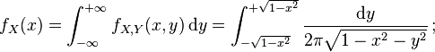  f_X(x) = \int_{-\infty}^{+\infty} f_{X,Y}(x,y) \, \mathrm{d}y = \int_{-\sqrt{1-x^2}}^{+\sqrt{1-x^2}} \frac{ \mathrm{d}y }{ 2\pi\sqrt{1-x^2-y^2} } \, ; 