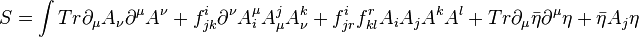  S= \int Tr \partial_\mu A_\nu \partial^\mu A^\nu + f^i_{jk} \partial^\nu A_i^\mu A^j_\mu A^k_\nu + f^i_{jr} f^r_{kl} A_i A_j A^k A^l + Tr \partial_\mu \bar\eta \partial^\mu \eta + \bar\eta A_j \eta \,