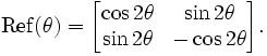  \mathrm{Ref}(\theta) = \begin{bmatrix} \cos 2 \theta & \sin 2 \theta \\
\sin 2 \theta & - \cos 2 \theta \end{bmatrix}. 