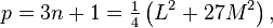 p = 3n + 1= \tfrac14 \left(L^2+ 27M^2\right),