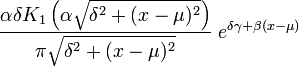 \frac{\alpha\delta K_1 \left(\alpha\sqrt{\delta^2 + (x - \mu)^2}\right)}{\pi \sqrt{\delta^2 + (x - \mu)^2}} \; e^{\delta \gamma + \beta (x - \mu)}