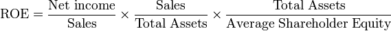 \mathrm{ROE} = \frac{\mbox{Net income}}{\mbox{Sales}}\times\frac{\mbox{Sales}}{\mbox{Total Assets}}\times\frac{\mbox{Total Assets}}{\mbox{Average Shareholder Equity}}