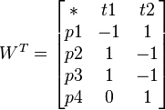 W^T=\begin{bmatrix} * & t1 & t2 \\ p1 & -1  & 1 \\ p2 & 1 & -1 \\ p3 & 1 & -1 \\ p4 & 0 & 1 \end{bmatrix}