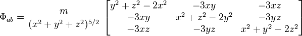 \Phi_{ab} = \frac{m}{(x^2+y^2+z^2)^{5/2}} \, \left[ \begin{matrix} y^2+z^2-2x^2 & -3xy & -3xz \\ -3xy & x^2+z^2-2y^2 & -3yz \\ -3xz & -3yz & x^2+y^2-2z^2 \end{matrix} \right] 