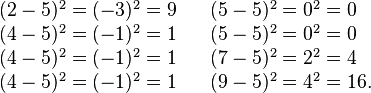 
    \begin{array}{lll}
    (2-5)^2 = (-3)^2 = 9  &&  (5-5)^2 = 0^2 = 0 \\
    (4-5)^2 = (-1)^2 = 1  &&  (5-5)^2 = 0^2 = 0 \\
    (4-5)^2 = (-1)^2 = 1  &&  (7-5)^2 = 2^2 = 4 \\
    (4-5)^2 = (-1)^2 = 1  &&  (9-5)^2 = 4^2 = 16. \\
    \end{array}
  