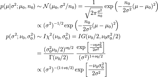 \begin{align}
p(\mu|\sigma^2; \mu_0, n_0) &\sim \mathcal{N}(\mu_0,\sigma^2/n_0) = \frac{1}{\sqrt{2\pi\frac{\sigma^2}{n_0}}} \exp\left(-\frac{n_0}{2\sigma^2}(\mu-\mu_0)^2\right) \\
&\propto (\sigma^2)^{-1/2} \exp\left(-\frac{n_0}{2\sigma^2}(\mu-\mu_0)^2\right) \\
p(\sigma^2; \nu_0,\sigma_0^2) &\sim I\chi^2(\nu_0,\sigma_0^2) = IG(\nu_0/2, \nu_0\sigma_0^2/2) \\
&= \frac{(\sigma_0^2\nu_0/2)^{\nu_0/2}}{\Gamma(\nu_0/2)}~\frac{\exp\left[ \frac{-\nu_0 \sigma_0^2}{2 \sigma^2}\right]}{(\sigma^2)^{1+\nu_0/2}} \\
&\propto {(\sigma^2)^{-(1+\nu_0/2)}} \exp\left[ \frac{-\nu_0 \sigma_0^2}{2 \sigma^2}\right]
\end{align}