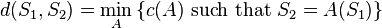 d(S_1,S_2)= \min_A \left \{ c(A)~{\rm such~that}~S_2 = A (S_1)  \right \} 