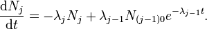  \frac{\mathrm{d}N_j}{\mathrm{d}t} = - \lambda_j N_j + \lambda_{j-1} N_{(j-1)0} e^{-\lambda_{j-1} t}. 