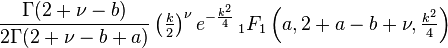 \frac{\Gamma(2+\nu-b)}{2\Gamma(2+\nu-b+a)}\left(\tfrac k 2\right)^\nu e^{-\frac{k^2}{4}}\,_1F_1\left(a,2+a-b+\nu,\tfrac{k^2}4\right)