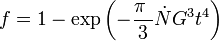  f = 1 - \exp \left (- \frac{ \pi\ }{3} \dot NG^3t^4 \right ) \,\! 