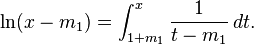 \ln (x - m_1) = \int_{1+m_1}^x \frac{1}{t - m_1} \, dt.