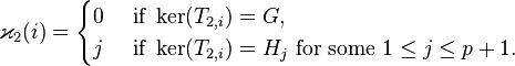 \varkappa_2(i)=\begin{cases}0 & \text{ if } \ker(T_{2,i})=G,\\j & \text{ if } \ker(T_{2,i})=H_j \text{ for some } 1\le j\le p+1.\end{cases}