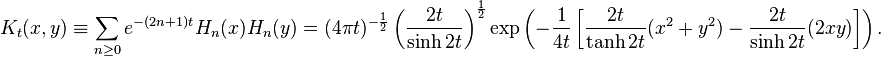 K_t(x,y)\equiv\sum_{n\ge 0} e^{-(2n+1)t}H_n(x)H_n(y)=(4\pi t)^{-{1\over 2}} \left({2t\over \sinh 2t}\right)^{1\over 2} \exp  \left(-{1\over 4t} \left[{2t\over \tanh 2t}(x^2+y^2) - {2t\over \sinh 2t}(2xy)\right]\right).