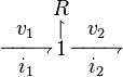 \overset{\textstyle v_1}{\underset{\textstyle i_1}{-\!\!\!-\!\!\!-\!\!\!\rightharpoondown}} 
\stackrel{\textstyle\stackrel{\textstyle R}{\upharpoonright}}{1}
\overset{\textstyle v_2}{\underset{\textstyle i_2}{-\!\!\!-\!\!\!-\!\!\!\rightharpoondown}}
