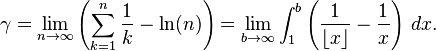 \gamma = \lim_{n \rightarrow \infty } \left( \sum_{k=1}^n \frac{1}{k} - \ln(n) \right)=\lim_{b \rightarrow \infty } \int_1^b\left({1\over\lfloor x\rfloor}-{1\over x}\right)\,dx.