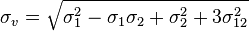 \sigma_v = \sqrt{\sigma_1^2- \sigma_1\sigma_2+ \sigma_2^2+3\sigma_{12}^2}\!