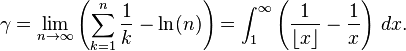 \gamma = \lim_{n \rightarrow \infty } \left(
\sum_{k=1}^n \frac{1}{k} - \ln(n) \right)=\int_1^\infty\left({1\over\lfloor x\rfloor}-{1\over x}\right)\,dx.