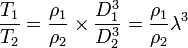 \frac {T_1}{T_2} = \frac {\rho_1}{\rho_2} \times \frac {D_1^3}{D_2^3} = \frac {\rho_1}{\rho_2} \lambda^3