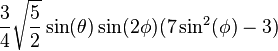 \frac{3}{4}\sqrt{\frac{5}{2}}\sin(\theta)\sin(2\phi)(7\sin^2(\phi)-3)