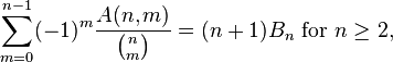 \sum_{m=0}^{n-1}(-1)^m\frac{A(n,m)}{\binom{n}{m}}=(n+1)B_{n} \text{ for }n \ge 2,
