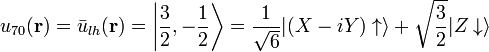   u_{70}(\mathbf{r}) = \bar{u}_{lh}(\mathbf{r}) = \left | \frac{3}{2},-\frac{1}{2} \right \rangle  = \frac{1}{\sqrt 6} |(X-iY)\uparrow\rangle + \sqrt{\frac{3}{2}} |Z\downarrow\rangle  