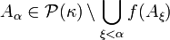 A_{\alpha}\in\mathcal{P}(\kappa)\setminus\bigcup_{\xi<\alpha}f(A_{\xi})