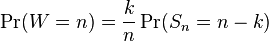 \Pr(W=n)=\frac{k}{n}\Pr(S_n=n-k)