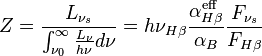 Z = \frac{L_{\nu_s}}{\int_{\nu_0}^\infty \frac{L_\nu}{h\nu} d\nu}
        = h\nu_{H\beta} \frac{\alpha_{H\beta}^\text{eff}}{\alpha_B} \frac{F_{\nu_s}}{F_{H\beta}}