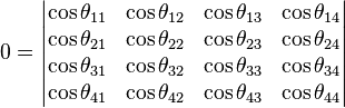 0 = \begin{vmatrix}

\cos \theta_{11} & \cos \theta_{12} & \cos \theta_{13} & \cos \theta_{14} \\
\cos \theta_{21} & \cos \theta_{22} & \cos \theta_{23} & \cos \theta_{24} \\
\cos \theta_{31} & \cos \theta_{32} & \cos \theta_{33} & \cos \theta_{34} \\
\cos \theta_{41} & \cos \theta_{42} & \cos \theta_{43} & \cos \theta_{44} \end{vmatrix}