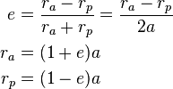 \begin{align}e &= \frac{r_{a}-r_{p}}{r_{a}+r_{p}}=\frac{r_{a}-r_{p}}{2a}\\
r_{a} &= (1+e)a\\
r_{p} &= (1-e)a\end{align}