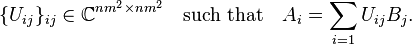 \{U_{ij}\}_{ij} \in \mathbb{C}^{nm^2 \times nm^2} \quad \text{such that} \quad A_i = \sum _{i = 1} U_{ij} B_j.