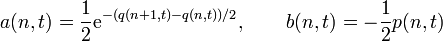  a(n,t) = \frac{1}{2} {\rm e}^{-(q(n+1,t) - q(n,t))/2}, \qquad b(n,t) = -\frac{1}{2} p(n,t) 