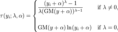 \tau(y_i;\lambda, \alpha) = \begin{cases} \dfrac{(y_i + \alpha)^\lambda - 1}{\lambda (\operatorname{GM}(y+\alpha))^{\lambda - 1}} & \text{if } \lambda\neq 0, \\  \\
\operatorname{GM}(y+\alpha)\ln(y_i + \alpha)& \text{if } \lambda=0,\end{cases}